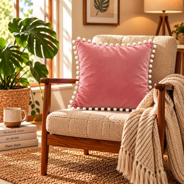 PEQURA_Velvet_Cushion_Covers_for_Sofa_with_White_Pom_Pom_Border,_Decorative_Cushion_Covers,_16_x_16_Inches,_Pack_of_5