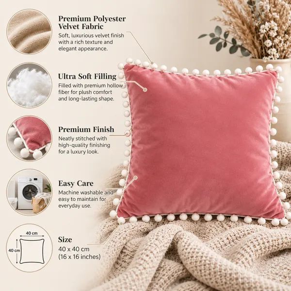 PEQURA_Velvet_Cushion_Covers_for_Sofa_with_White_Pom_Pom_Border,_Decorative_Cushion_Covers,_16_x_16_Inches,_Pack_of_5
