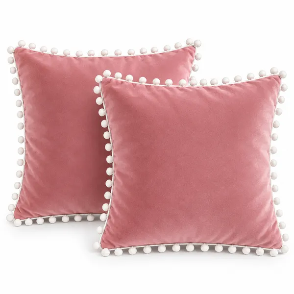 PEQURA_Velvet_Cushion_Covers_for_Sofa_with_White_Pom_Pom_Border,_Decorative_Cushion_Covers,_16_x_16_Inches,_Pack_of_5