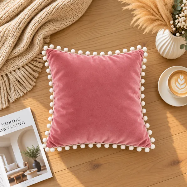 PEQURA_Velvet_Cushion_Covers_for_Sofa_with_White_Pom_Pom_Border,_Decorative_Cushion_Covers,_16_x_16_Inches,_Pack_of_5