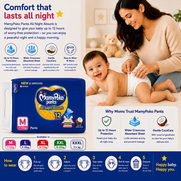 MamyPoko_Pants_All_Night_Absorb_Baby_Diaper,_Medium_(M),_7-12_kg_|_Up_to_12_Hours_Dryness_Protection