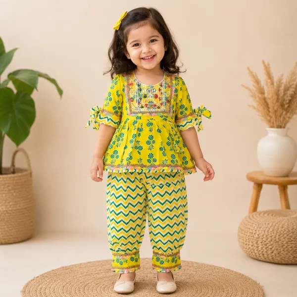 Girls_Yellow_Printed_Afghani_Suit_Set_|_Ethnic_Kurti_with_Afghani_Salwar_|_Traditional_Cotton_Party_Wear_Outfit_for_Girls
