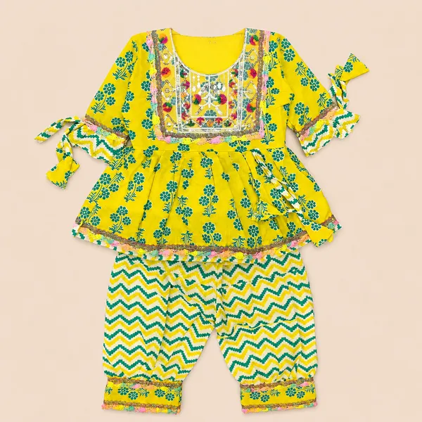 Girls_Yellow_Printed_Afghani_Suit_Set_|_Ethnic_Kurti_with_Afghani_Salwar_|_Traditional_Cotton_Party_Wear_Outfit_for_Girls