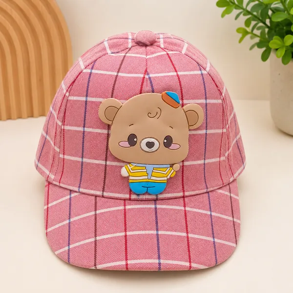 Kids_Checkered_Cotton_Cap_with_Cute_Bear_Patch_|_Adjustable_Casual_Summer_Cap_|_Red