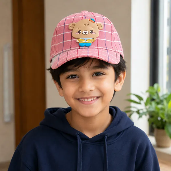 Kids_Checkered_Cotton_Cap_with_Cute_Bear_Patch_|_Adjustable_Casual_Summer_Cap_|_Red
