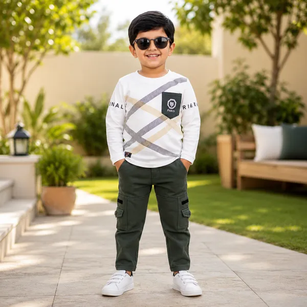 FIRST_DAY_CLASSIC_CHECK_LINE_T-SHIRT_WITH_DARK_GREEN_PANTS