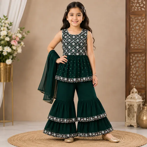 Girls_Dark_Green_Embroidered_Sharara_Suit_Set_with_Dupatta_|_Sleeveless_Kurti_&_Tiered_Sharara_|_Party_Wear_Ethnic_Outfit_for_Girls