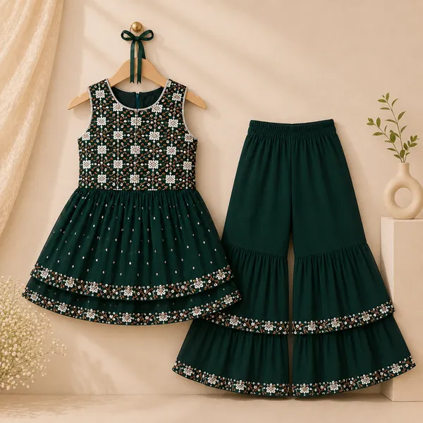 Girls_Dark_Green_Embroidered_Sharara_Suit_Set_with_Dupatta_|_Sleeveless_Kurti_&_Tiered_Sharara_|_Party_Wear_Ethnic_Outfit_for_Girls