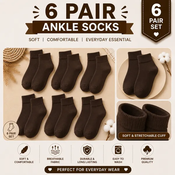 Kids_Brown_Cotton_Ankle_Length_Socks_(Pack_of_6)_|_Soft_&_Stretchable_Daily_Wear