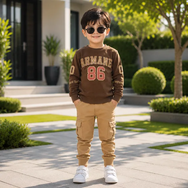 FIRST_DAY_ARMANE_86__BOYS_SET_BROWN_SWEATSHIRT_&_BEIGE_PANTS