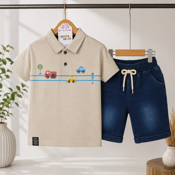 Miniboo_Polo_T-Shirt_With_Car_Print_&_Blue_Denim_Shorts_Set