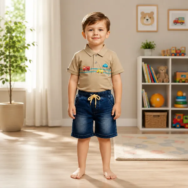 Miniboo_Polo_T-Shirt_With_Car_Print_&_Blue_Denim_Shorts_Set