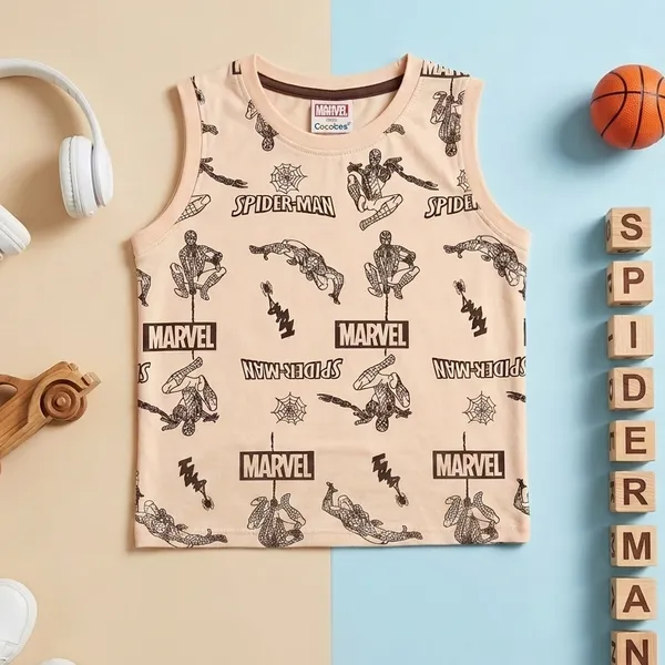 Cucumber_Boys_Marvel_Spider-Man_Printed_Sleeveless_T-Shirt_with_Shorts_Co-ord_Set_Beige_&_Brown_|_Cotton_Blend_|_Summer_Wear