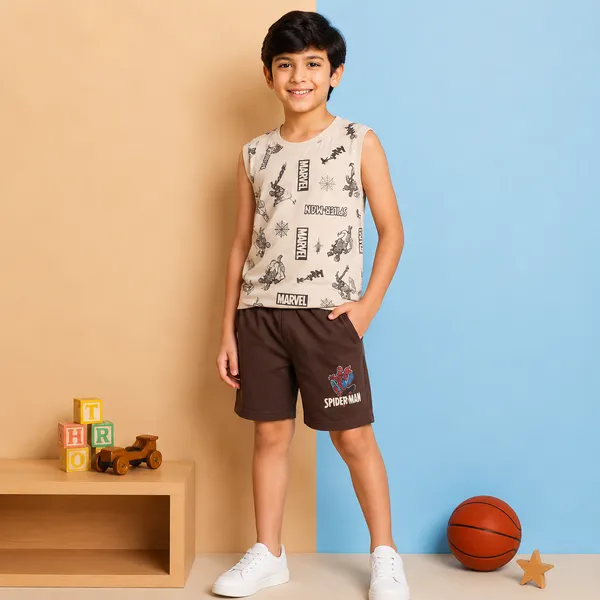 Cucumber_Boys_Marvel_Spider-Man_Printed_Sleeveless_T-Shirt_with_Shorts_Co-ord_Set_Beige_&_Brown_|_Cotton_Blend_|_Summer_Wear