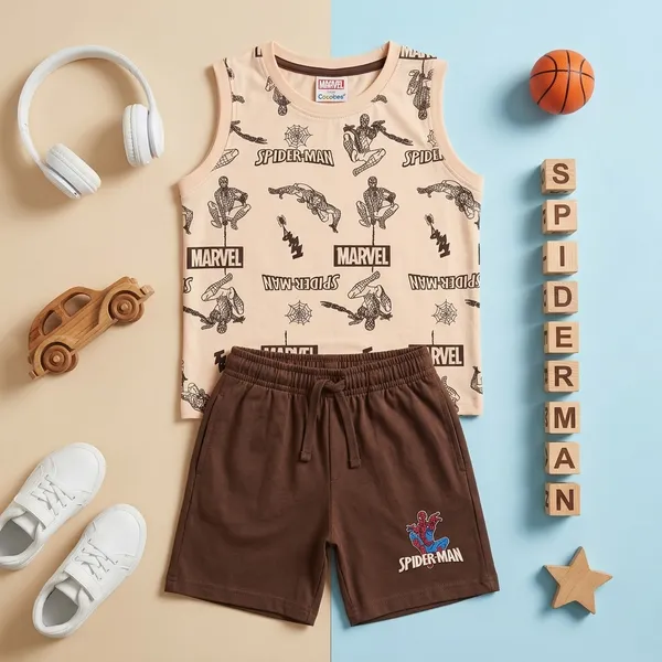 Cucumber_Boys_Marvel_Spider-Man_Printed_Sleeveless_T-Shirt_with_Shorts_Co-ord_Set_Beige_&_Brown_|_Cotton_Blend_|_Summer_Wear