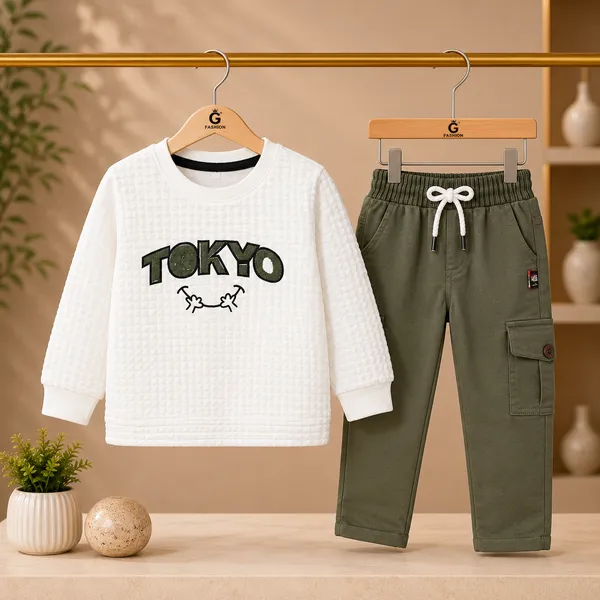 PKIDS_WHITE_TOKYO_TEXTURED_SWEATSHIRT_&_OLIVE_CARGO_JOGGER_SET