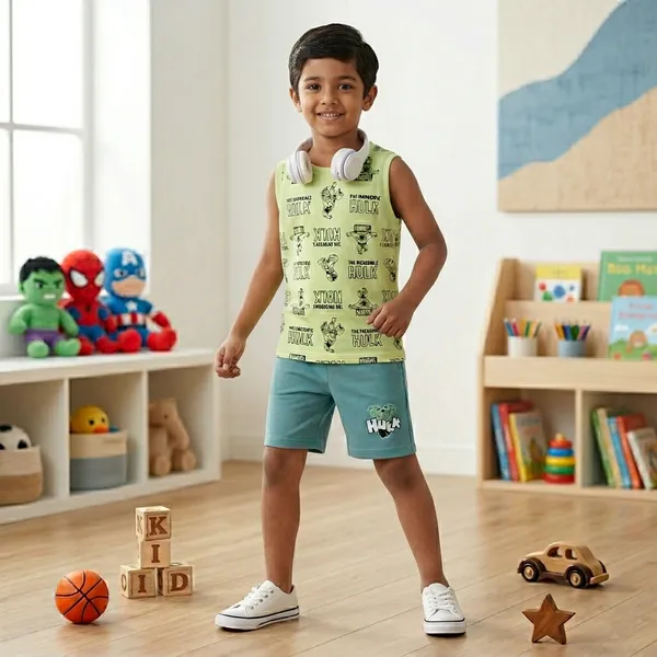 Cucumber_Boys_Marvel_Hulk_Printed_Sleeveless_T-Shirt_with_Shorts_Co-ord_Set_Lime_Green_&_Sky_Blue_|_Cotton_Blend_|_Summer_Wear