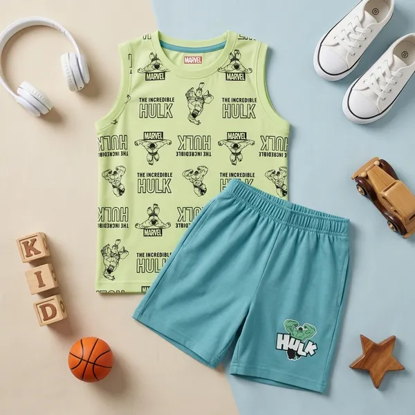 Cucumber_Boys_Marvel_Hulk_Printed_Sleeveless_T-Shirt_with_Shorts_Co-ord_Set_Lime_Green_&_Sky_Blue_|_Cotton_Blend_|_Summer_Wear