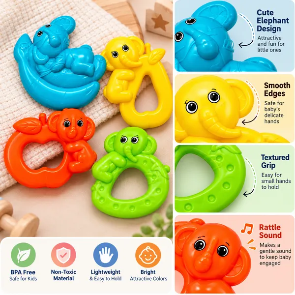 BABY_RATTLE_TOY_4_PC_SET_-_ELEPHANT_&_MONKEY_ANIMAL_RATTLES