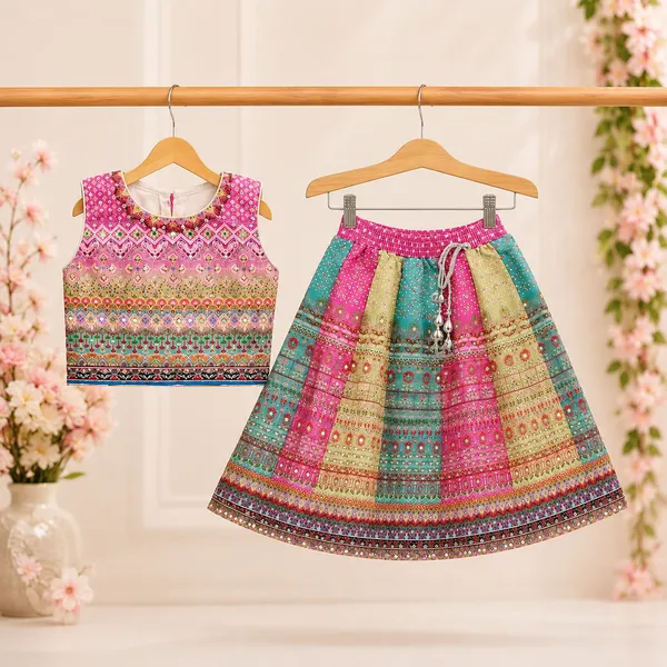 Girls_Printed_Sleeveless_Crop_Top_with_Flared_Lehenga_Skirt_Set_|_Ethnic_Festive_Wear_|_Pink_&_Teal_Traditional_Outfit