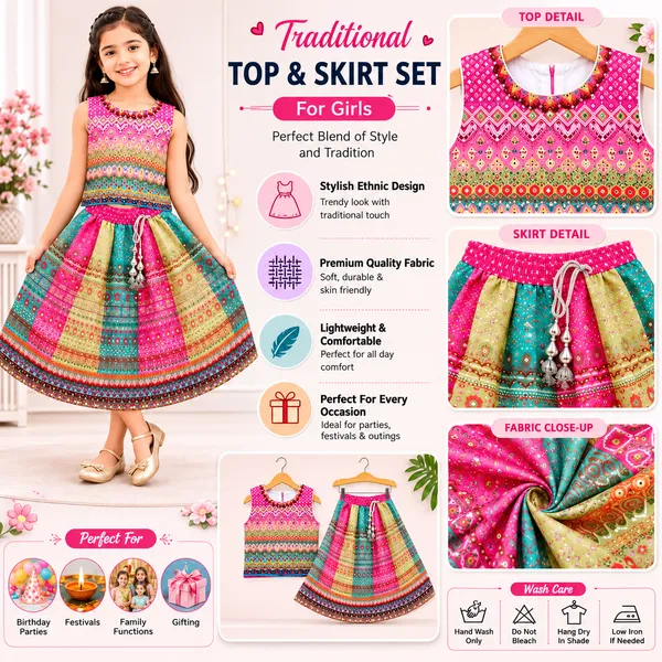Girls_Printed_Sleeveless_Crop_Top_with_Flared_Lehenga_Skirt_Set_|_Ethnic_Festive_Wear_|_Pink_&_Teal_Traditional_Outfit