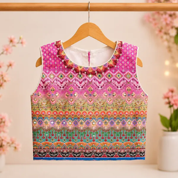Girls_Printed_Sleeveless_Crop_Top_with_Flared_Lehenga_Skirt_Set_|_Ethnic_Festive_Wear_|_Pink_&_Teal_Traditional_Outfit