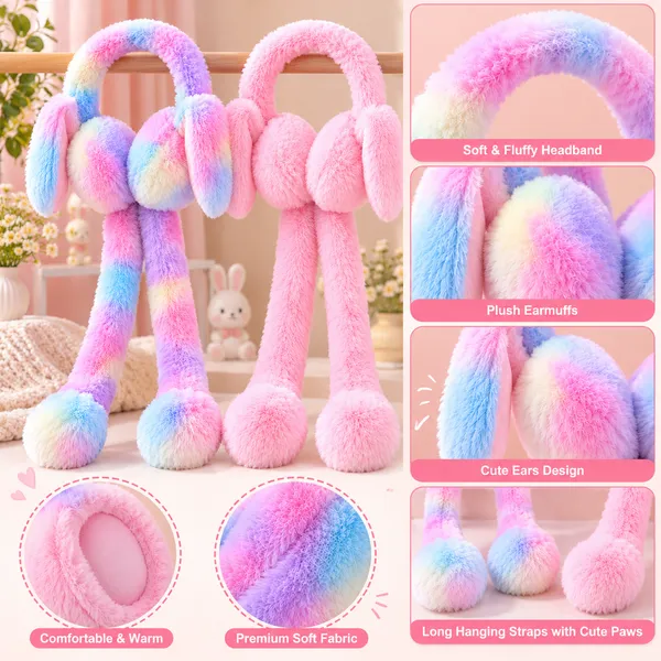 Cute_Moving_Bunny_Ears_Plush_Winter_Earmuffs_for_Kids_Soft_Rainbow_Fur_with_Squeeze_Tails