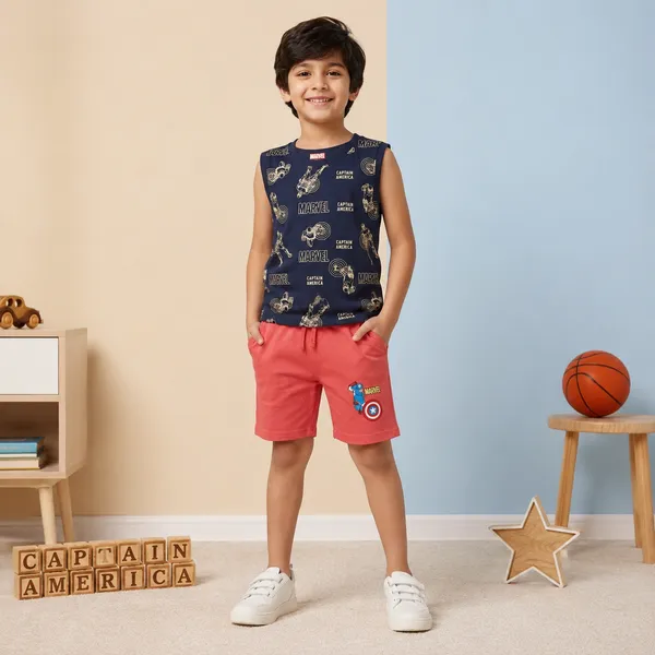 Cucumber_Boys_Marvel_Captain_America_Printed_Sleeveless_T-Shirt_with_Shorts_Co-ord_Set_Navy_Blue_&_Coral_|_Cotton_Blend_|_Summer_Wear