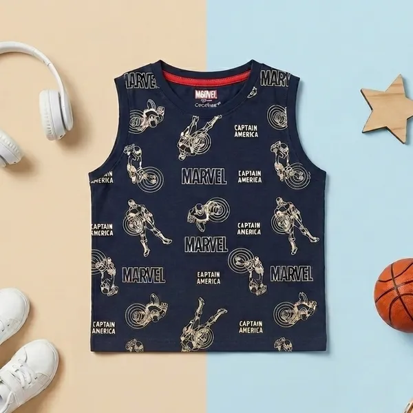 Cucumber_Boys_Marvel_Captain_America_Printed_Sleeveless_T-Shirt_with_Shorts_Co-ord_Set_Navy_Blue_&_Coral_|_Cotton_Blend_|_Summer_Wear