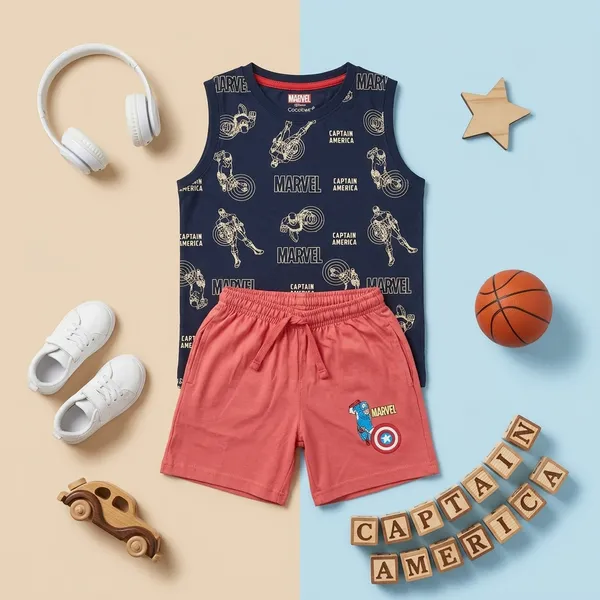 Cucumber_Boys_Marvel_Captain_America_Printed_Sleeveless_T-Shirt_with_Shorts_Co-ord_Set_Navy_Blue_&_Coral_|_Cotton_Blend_|_Summer_Wear