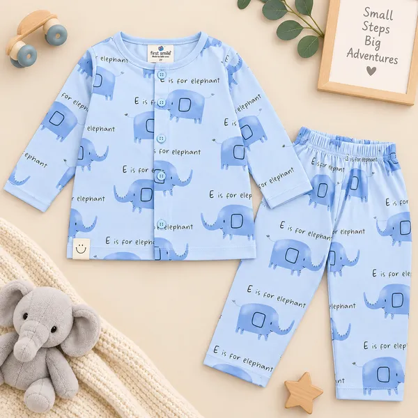 First_Smile_Baby_Unisex_Elephant_Print_Cotton_Night_Suit_Set