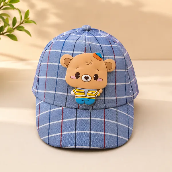 Kids_Checkered_Cotton_Cap_with_Cute_Bear_Patch_|_Adjustable_Casual_Summer_Cap_|_Blue