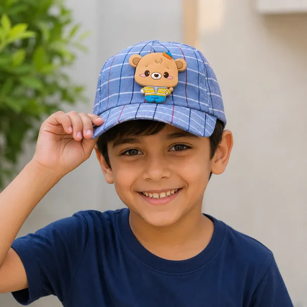 Kids_Checkered_Cotton_Cap_with_Cute_Bear_Patch_|_Adjustable_Casual_Summer_Cap_|_Blue