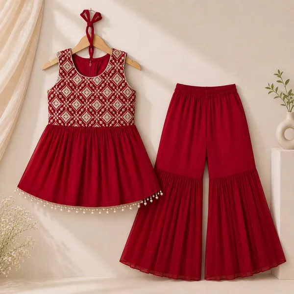 Girls_Maroon_Embroidered_Peplum_Kurti_with_Flared_Sharara_Pants_&_Dupatta_|_3-Piece_Ethnic_Party_Wear_Set