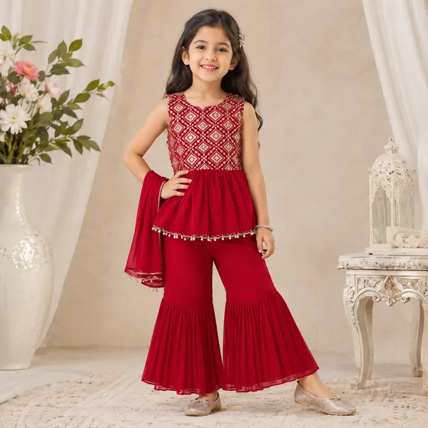 Girls_Maroon_Embroidered_Peplum_Kurti_with_Flared_Sharara_Pants_&_Dupatta_|_3-Piece_Ethnic_Party_Wear_Set