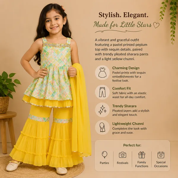 Girls_Pastel_Printed_Peplum_Kurti_with_Yellow_Tiered_Sharara_Pants_&_Dupatta_|_3-Piece_Ethnic_Party_Wear_Set