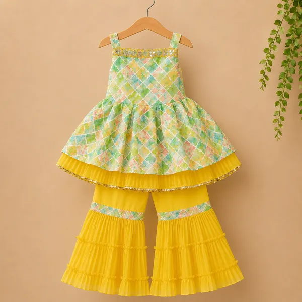 Girls_Pastel_Printed_Peplum_Kurti_with_Yellow_Tiered_Sharara_Pants_&_Dupatta_|_3-Piece_Ethnic_Party_Wear_Set
