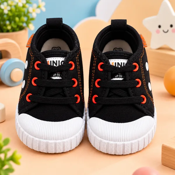 KIDS_BLACK_HIGH-TOP_LACE-UP_SHOES_WITH_ORANGE_STITCHING_&_WHITE_SOLE