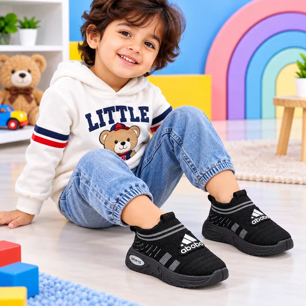 KIDS_BLACK_KNITTED_SLIP-ON_SPORTS_SHOES_WITH_STRIPED_DETAILING