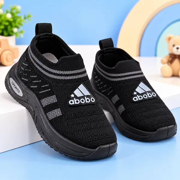 KIDS_BLACK_KNITTED_SLIP-ON_SPORTS_SHOES_WITH_STRIPED_DETAILING