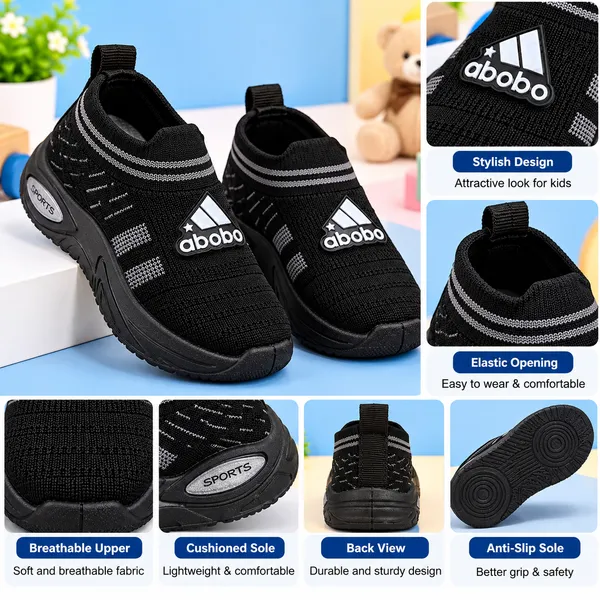 KIDS_BLACK_KNITTED_SLIP-ON_SPORTS_SHOES_WITH_STRIPED_DETAILING