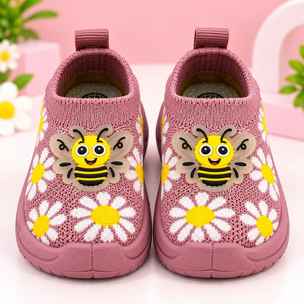 KIDS_PINK_KNITTED_SLIP-ON_SHOES_WITH_FLORAL_PRINT_&_BEE_DETAILING