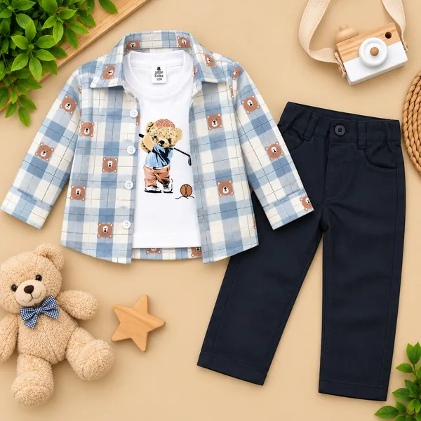 Little_Folks_Cotton_Bear_Print_Checkered_Shirt,_T-Shirt_&_Pant_Set