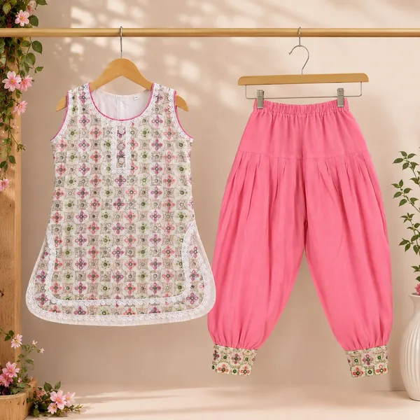 Girls_Floral_Printed_Sleeveless_Kurti_with_Pink_Patiala_Salwar_Set_|_Cotton_Ethnic_Wear_|_Traditional_Festive_Outfit_for_Girls
