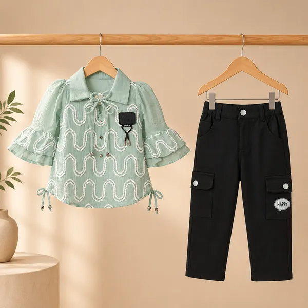MIMI_GIRLS_EMBROIDERED_BALLOON-SLEEVE_TOP_WITH_BLACK_CARGO_PANTS_SET