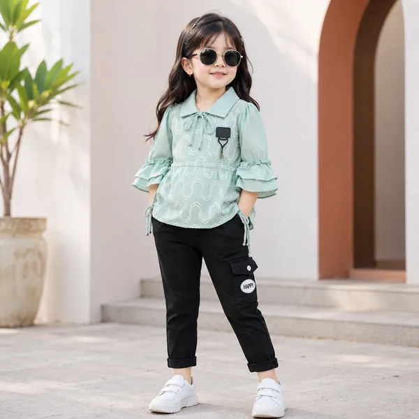 MIMI_GIRLS_EMBROIDERED_BALLOON-SLEEVE_TOP_WITH_BLACK_CARGO_PANTS_SET