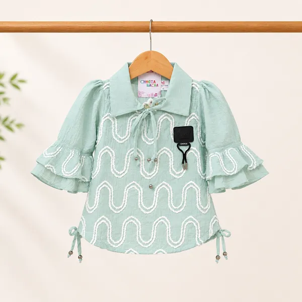 MIMI_GIRLS_EMBROIDERED_BALLOON-SLEEVE_TOP_WITH_BLACK_CARGO_PANTS_SET