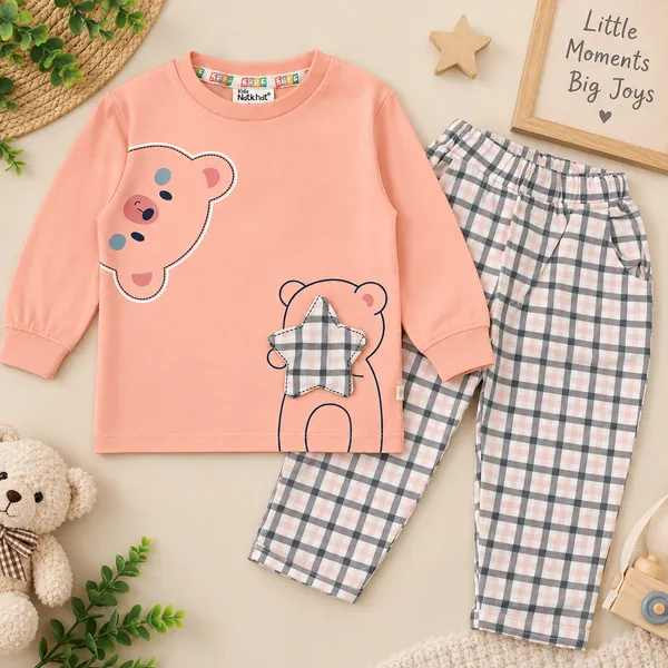 Natkhat_Cute_Bear_Print_Full_Sleeve_T-Shirt_&_Checkered_Pant_Set