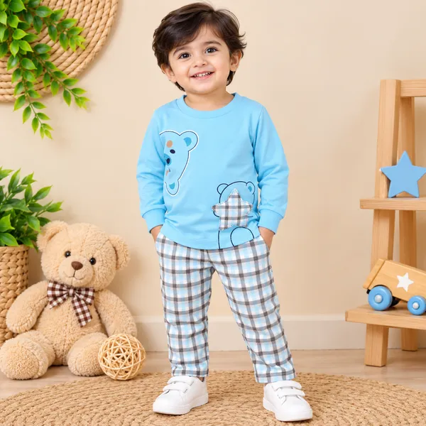 Natkhat_Cute_Bear_Print_Full_Sleeve_T-Shirt_&_Checkered_Pant_Set