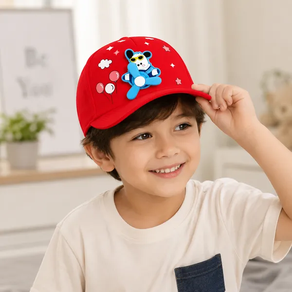Kids_Fly_Dog_Cotton_Baseball_Cap_with_3D_Cartoon_Fan_Patch_|_Adjustable_Summer_Cap_|_Red